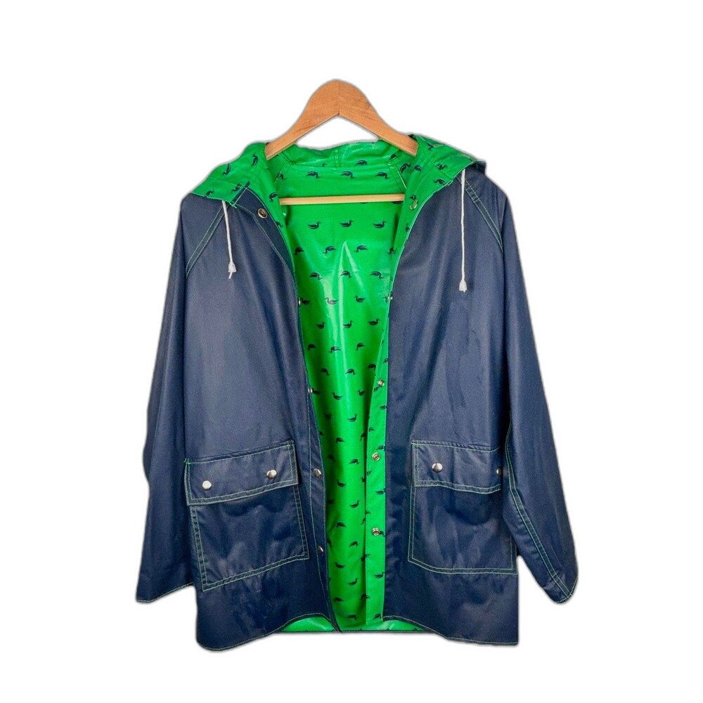 Vintage 70s/80s Women's Reversible Raincoat Blue Green Ducks Slicker Hood Size M
